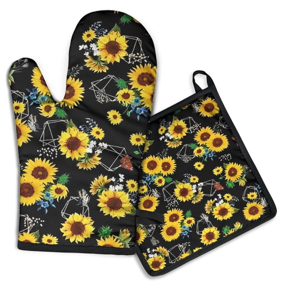 Black Geometric Sunflower Pattern Kitchen Oven Mitt and Pot Holder Sets 2 Pcs for Baking, Cooking and Grilling, Heat Resistant Up To 392 °F