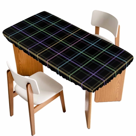 Black Geometric Table Cloths for 6 Foot Rectangle Tables, Vintage Grid Plaid Colorful Lines Patio Waterproof Elastic Fitted Tablecloths, Washable Rectangular Table Cover for Camping