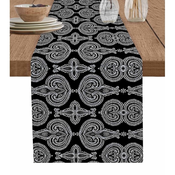 Black Geometric Table Runner 36 Inches, Paisley Modern Abstract Flower Bed Runner Dresser Scarves Tabletop for Indoor Outdoor Parties/Ceremony/Banquet, 13"x 36"
