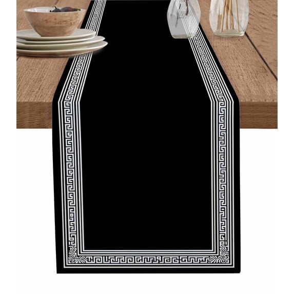 Black Geometric Table Runner Cotton Linen 108 Inch Holiday Dresser Scarves, Country Farm Traditional Chinese Tile Tablerunner for Kitchen Coffee Dining Bedroom Dinner Scarf Décor 13''x108''