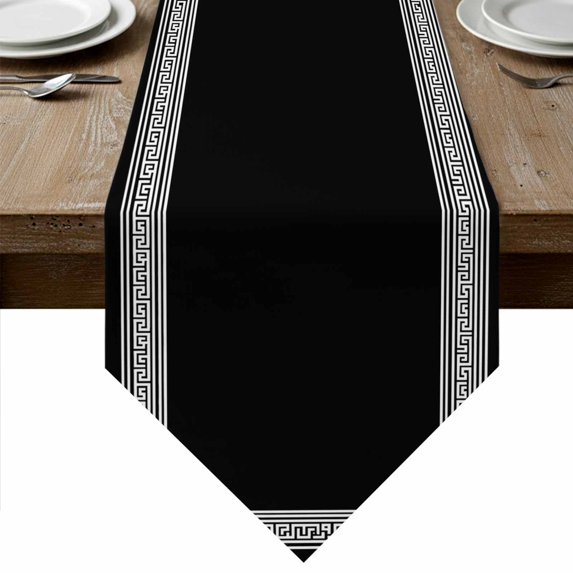 Black Geometric Table Runner Linen Burlap Table Runner 72 Inches Long Country Farm Traditional Chinese Tile Dresser Scarves for Kitchen Island Coffee Dining Party Wedding Holiday Decor 18"x72"