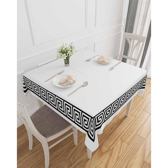 Black Geometric Tablecloth Waterproof Tablecloths, Greek Key Design Traditional Retro White Table Cloth Dining Table Cover Cloth for Kitchen Party Tabletop Decor, Square Tablecloth 52x52 Inch