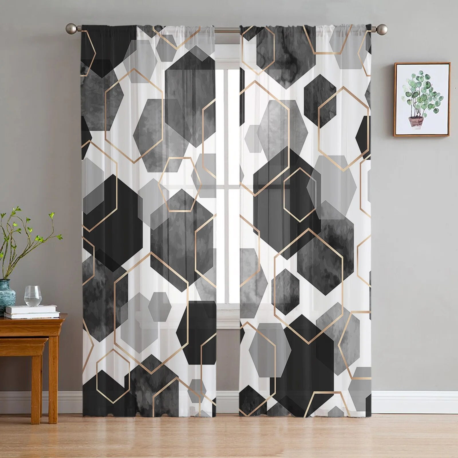 Black Geometric Texture Sheer Curtains for Living Room Kitchen Window