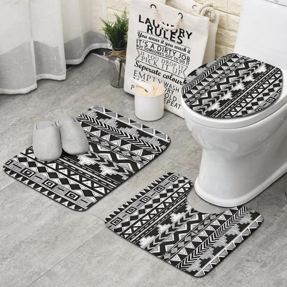 Black Geometric Triangle Chevron Pattern Bathroom Rugs Sets 3 Piece,Toilet Cover Set,Absorbent Non Slip Bathroom Mats Sets with U-Shaped Contour Rug Toilet Rug Set