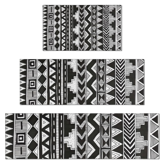 Black Geometric Triangle Chevron Pattern Kitchen Rugs Sets Of 3,Kitchen Runner Rugs Non Skid Washable,Decorative Kitchen Floor Mats for Kitchen,Sink,Laundry,17"x30"+ 17"x47" + 17"x59"
