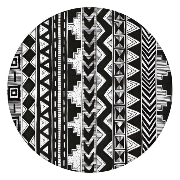 Black Geometric Triangle Chevron Pattern Round Fitted Tablecloth with Elastic Edge,Dining Table Cover Waterproof,Outdoor Round Tablecloth for Camping,Dining,Indoor and Outdoor
