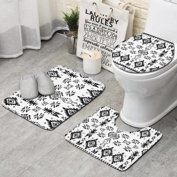 Black Geometric Triangle Diamond Pattern Bathroom Rugs Sets 3 Piece,Toilet Cover Set,Absorbent Non Slip Bathroom Mats Sets with U-Shaped Contour Rug Toilet Rug Set