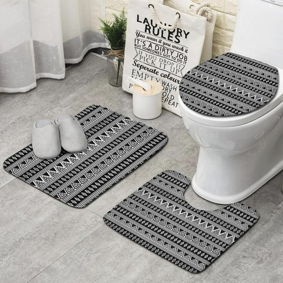 Black Geometric Triangle Diamond Pattern Bathroom Rugs Sets 3 Piece,Toilet Cover Set,Absorbent Non Slip Bathroom Mats Sets with U-Shaped Contour Rug Toilet Rug Set