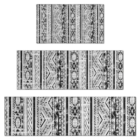 Black Geometric Triangle Diamond Pattern Kitchen Rugs Sets Of 3,Kitchen Runner Rugs Non Skid Washable,Decorative Kitchen Floor Mats for Kitchen,Sink,Laundry,17"x30"+ 17"x47" + 17"x59"