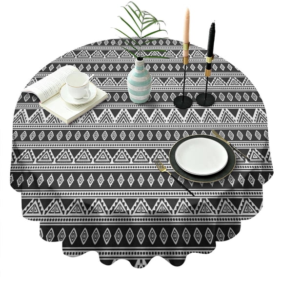 Black Geometric Triangle Diamond Pattern Round Tablecloth 60"x60",Wrinkle Wipeable Table Cloth for Kitchen Dining Room Picnic Patio Party