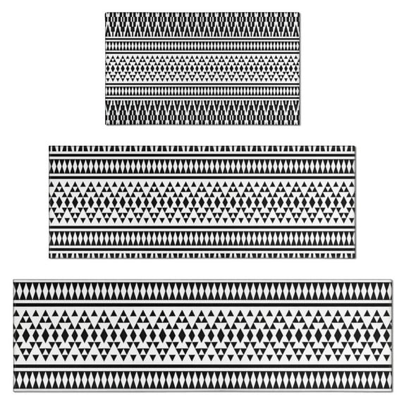 Black Geometric Triangle Striped Pattern Kitchen Rugs Sets Of 3,Kitchen Runner Rugs Non Skid Washable,Decorative Kitchen Floor Mats for Kitchen,Sink,Laundry,17"x30"+ 17"x47" + 17"x59"