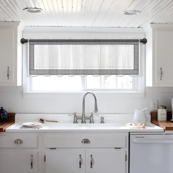 Black Geometric Valance Curtains for Kitchen/Living Room/Bathroom/Bedroom Window, Modern Key Greek Design Abstract Art Rod Pocket Small Topper Half Short Window Curtains Voile Sheer Scarf 60"x18"