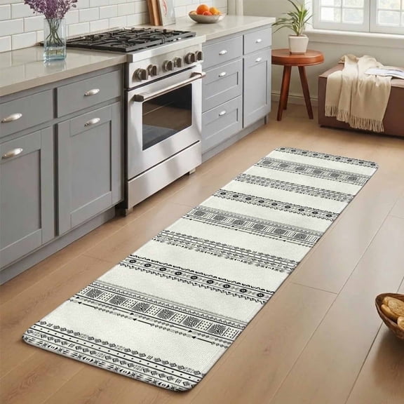 Black Geometric Washable Runner Rug 3X7 ft Boho Lines White Modern Abstract Art Non-Slip Hallway Runner Rug, Linen Kitchen Runner Mats, Indoor Floor Carpet for Entryway Bathroom Bedroom Living Room