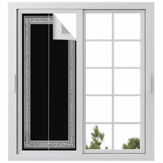 Black Geometric Window Privacy Film, Country Farm Traditional Chinese Tile Static Cling UV Sun Blocking Heat Control Window Tint, Non-Adhesive One Way Windows Privacy Cover 29.5''x78.7''