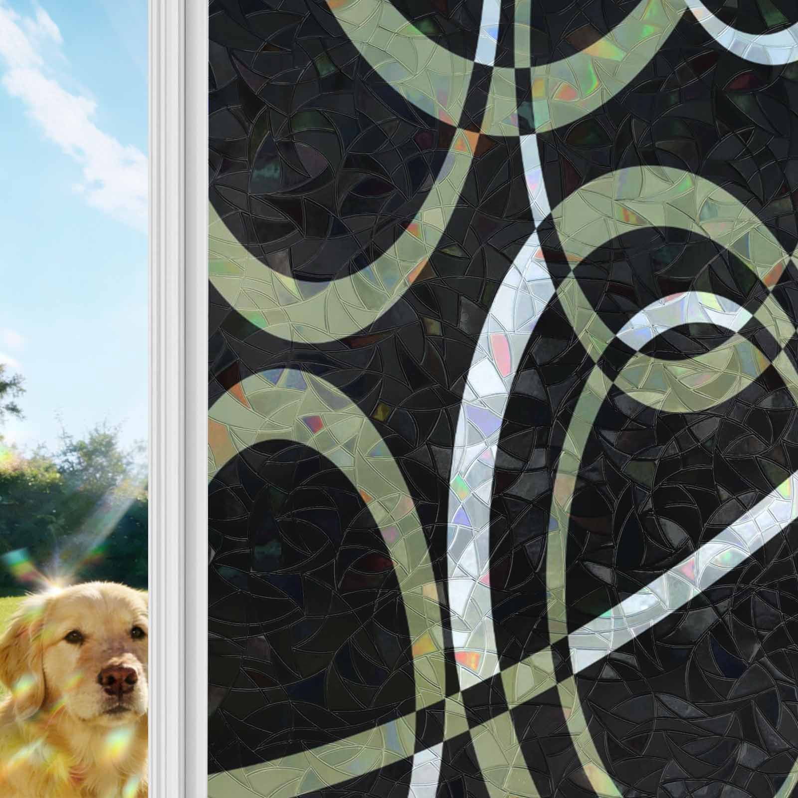Black Geometric Window Privacy Film Stain Glass,Reusable Decorative Rainbow Window Film,Modern Sage Green White Striped Art Static Cling Sun Blocking Stickers Decals Covers 17.7" x 39.3" (2pcs)