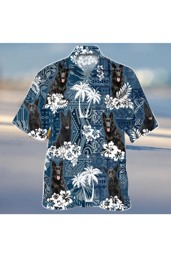 Black German Shepherd In Tropical Plants Pattern Blue And White Hawaiian Shirt