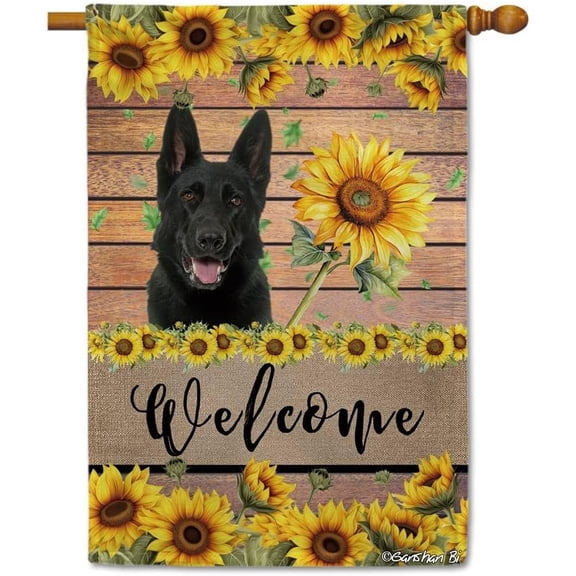 Black German Shepherd Sunflower House Flag Dog Welcome Spring Summer Wooden Print Flag Banner Outside Yard Decor 28X40 Inch Double Side Style 1