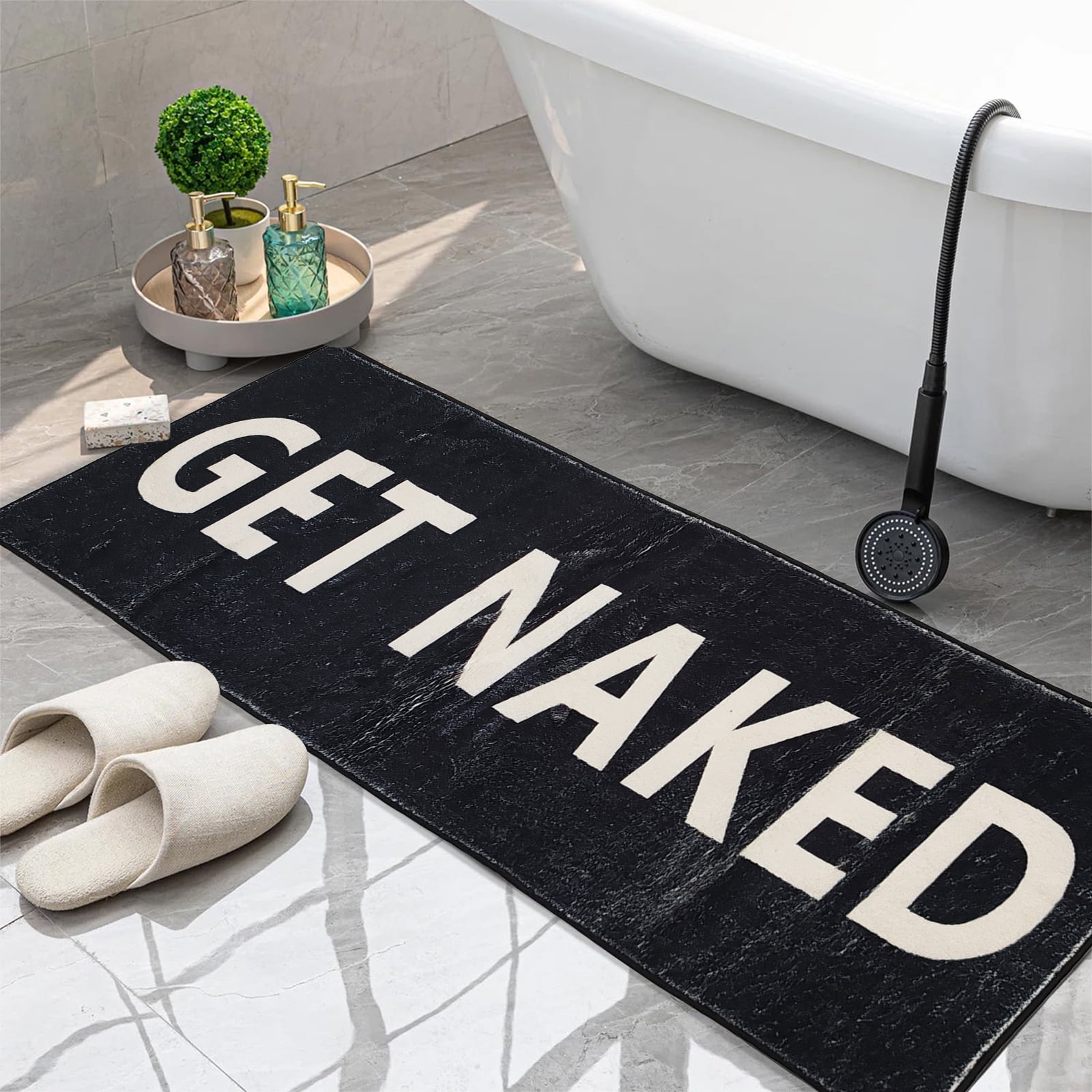 Black Get Naked Bath Mat, Cute Runner Black and White Get Naked Rug, Absorbent Non Slip Bathroom Long Mat, Funny Bathroom Decor for Bedroom Hallway Kitchen, Soft Plush Washable Shower Rug 16"×48"