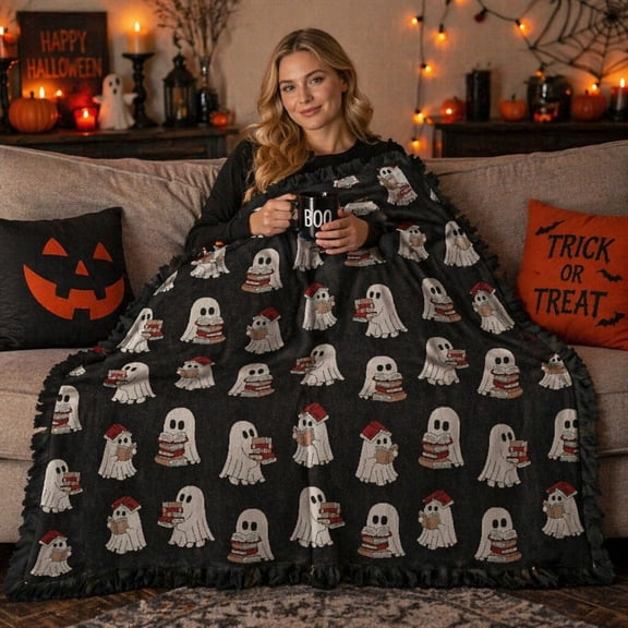 Black Ghost Reading Blanket, Soft Polyester Throw Blanket, Exquisite Ruffle Decoration, Cozy Halloween Accessory, 50x60 inch