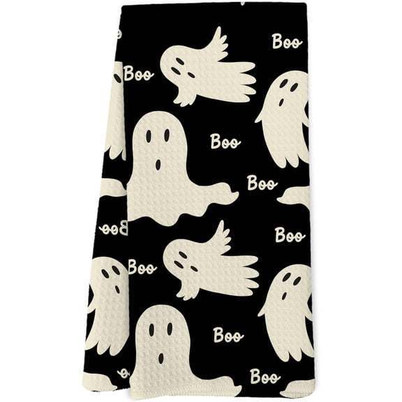 Black Ghost Spooky Halloween Kitchen Dish Towels 18X26 Inches | Halloween Bathroom Decor, Neutral Gothic Black Cute Ghost Boo Hand Towels for Bathroom Kitchen Decor