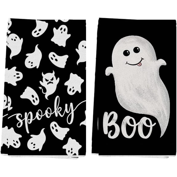 Black Ghost Spooky Halloween Kitchen Towels Dish Towels, 18x26 Inch Boo Decoration Hand Towels Set of 2
