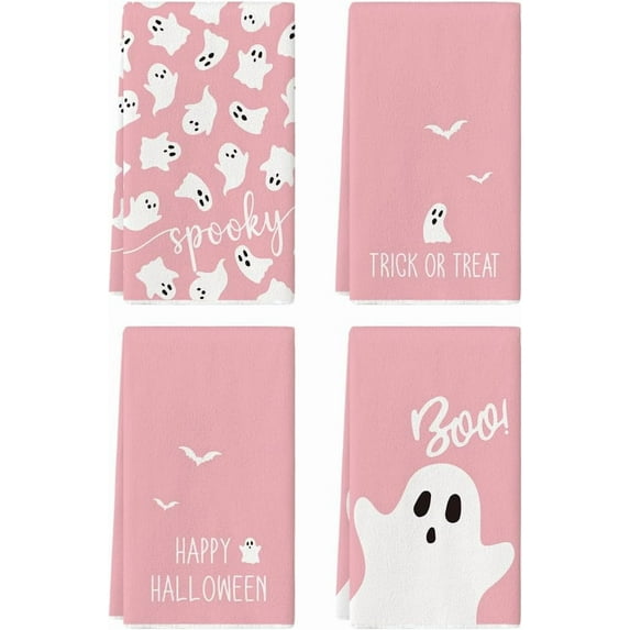 Black Ghost Spooky Happy Halloween Kitchen Towels Dish Towels, 18x26 Inch Farmhouse Bat Boo Decoration Hand Towels Set of 4