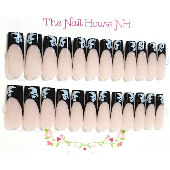 Black Ghostly Shenenigans French Manicure Glossy Long Square Press On Nails - 24 Pieces - Artificial Nail Kit - Halloween Nails