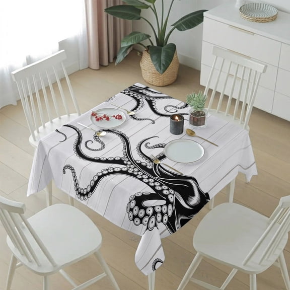 Black Giant Squid Table Cloth 54x54in, Waterproof Square Tablecloth Wipeable Tablecloths Wood Grain Background Table Covers for Dining Tables Party Indoor Outdoor