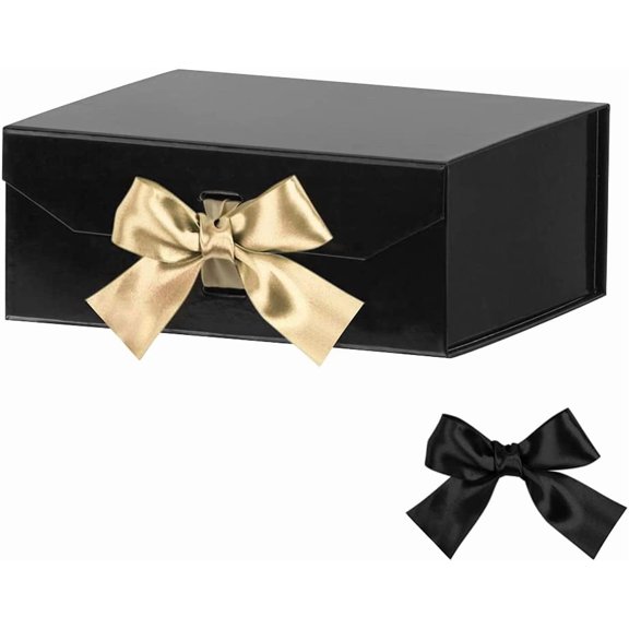 Black Gift Box 8x7x3.3 Inches, Luxury Gift Box with Ribbon, Empty Box with Lid Magnetic Closure, Groomsman Box, Collapsible Small Gift Boxes for Presents Packaging, Wedding (Glossy Black)