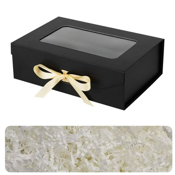 Black Gift Box for Presents with Ribbon 10.8x7.5x3.5 Inches Clear Gift Box with Window Magnetic Closure Gift Boxes with Lids(Included Crinkle Cut Paper)