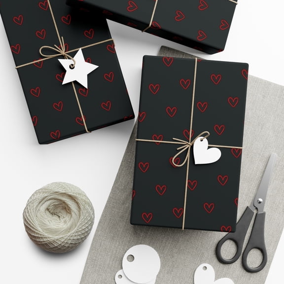 Black Gift Wrapping Paper with Red Hearts