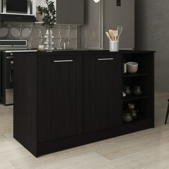 Black Ginger Kitchen Island With Two Cabinets And Design Elements Island, Black, Wide Countertop