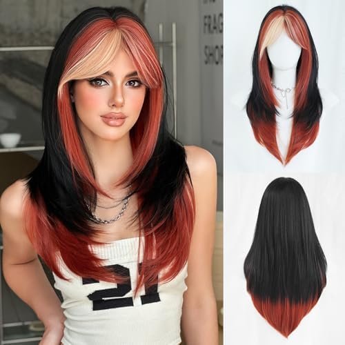 Black Ginger Wig with Half Orange Ombre Bangs for Women 25 Inch Layered Synthetic Wig with Dark Roots Heat Resistant Fiber for Daily Wear