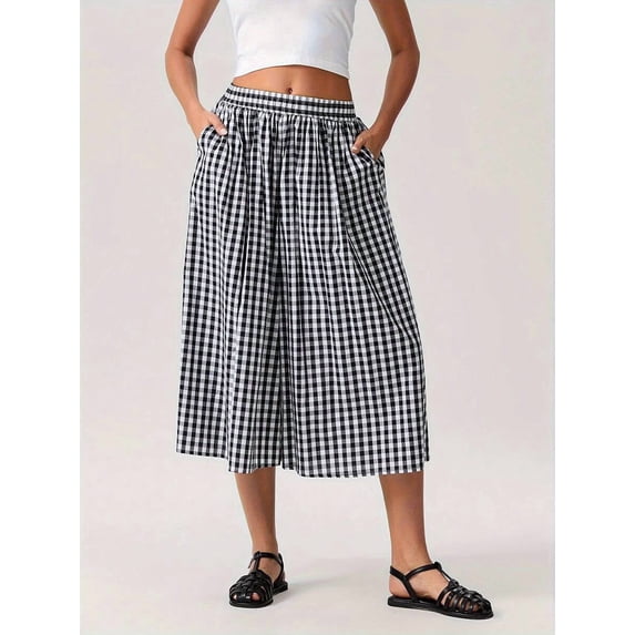 Black Gingham Midi Skirt Elastic Waist Wide Leg Pleated Casual