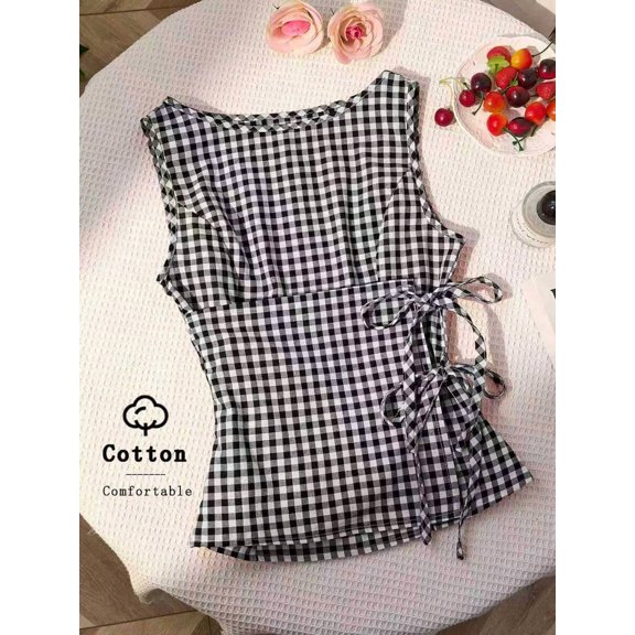 Black Gingham Plaid Sleeveless Top With Side Tie Detail, Round Neck, Slim Fit Summer Blouse For Women