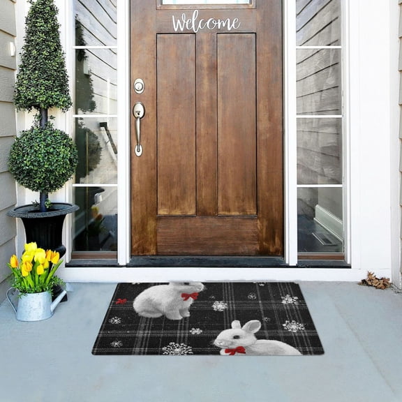 Black Gingham Plaids Rabbits with Bows Christmas Doormats Welcome Mats Gate Pads Entryway Outdoor 32" x 20"