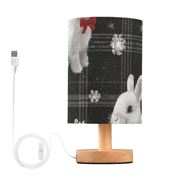 Black Gingham Plaids Rabbits with Bows Christmas Table Lamp with USB Port LED Warm Light Lamp Night Light Home Decor