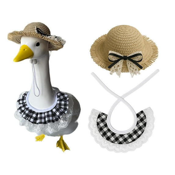 romoty Black Gingham Porch Goose Outfit, 2-Piece Straw Hat and Lace Collar Set for Outdoor Garden Lawn Decoration, Housewarming Gift and Keepsake for Farmhouse Goose Lovers