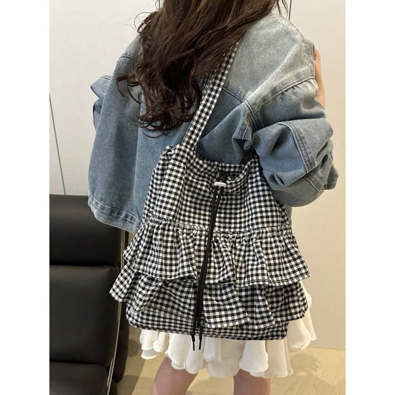 Black Gingham Ruffled Drawstring Tote Bag With Adjustable Shoulder Strap