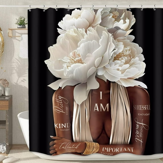 Black Girl 4Pcs Shower Curtain Sets African American Woman Black and White Peony Floral Quotes Bathroom Set Decor with Rug, Toilet Lid Cover, Bath Mat, Fashion Bathroom Curtain with 12 Hooks