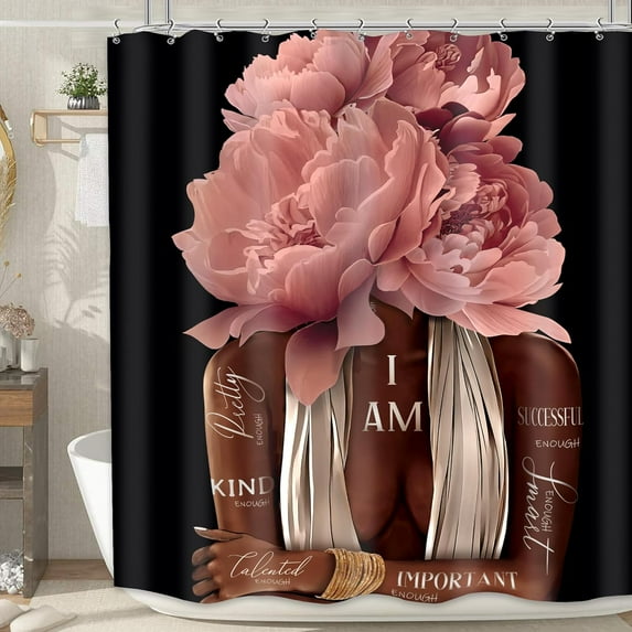 Black Girl 4Pcs Shower Curtain Sets African American Woman Black and White Peony Floral Quotes Bathroom Set Decor with Rug, Toilet Lid Cover, Bath Mat, Fashion Bathroom Curtain with 12 Hooks
