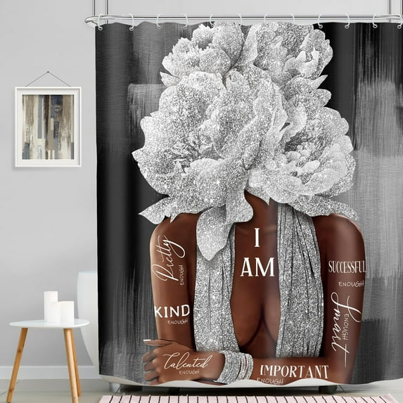 Black Girl 4Pcs Shower Curtain Sets African American Woman Black and White Peony Floral Quotes Bathroom Set Decor with Rug, Toilet Lid Cover, Bath Mat, Fashion Bathroom Curtain with 12 Hooks