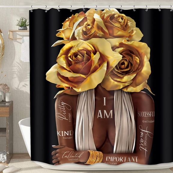 Black Girl 4Pcs Shower Curtain Sets African American Woman Black and White Peony Floral Quotes Bathroom Set Decor with Rug, Toilet Lid Cover, Bath Mat, Fashion Bathroom Curtain with 12 Hooks