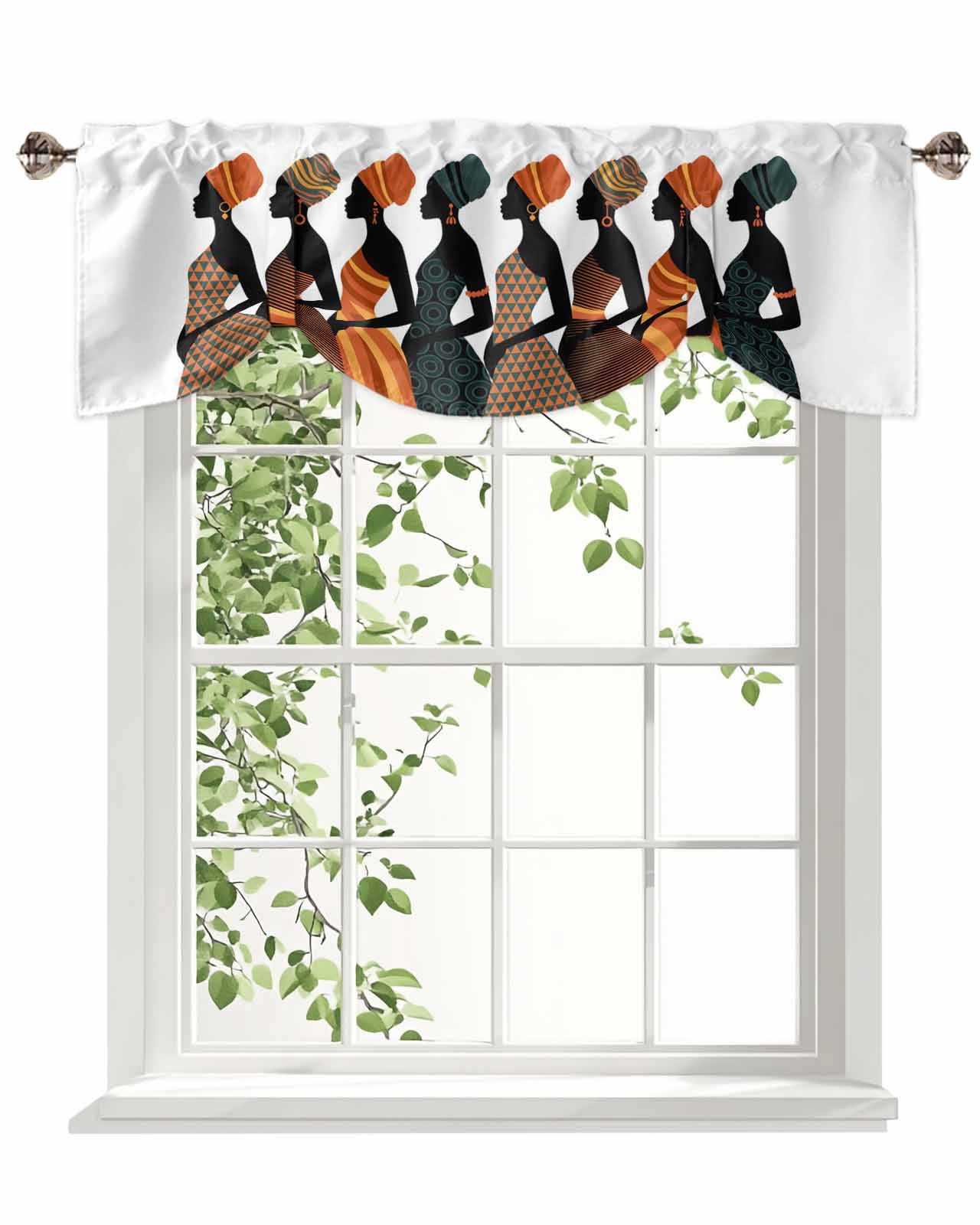 Black Girl African Tie Up Valances Curtain, Adjustable Kitchen Elegant Women Abstract Orange Geometric Tribal Valances for Windows Decor, Rod Pocket Short Curtains Set for Bedroom/Bathroom, 60"x18"
