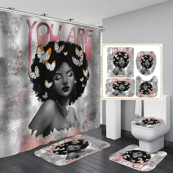 Black Girl Bathroom Set with Shower Curtain and Rugs, Toilet Lid Cover, Bath Mat, Inspirational Quote African Women Shower Curtain Set with Hooks, Waterproof Shower Curtains for Bathroom Decor