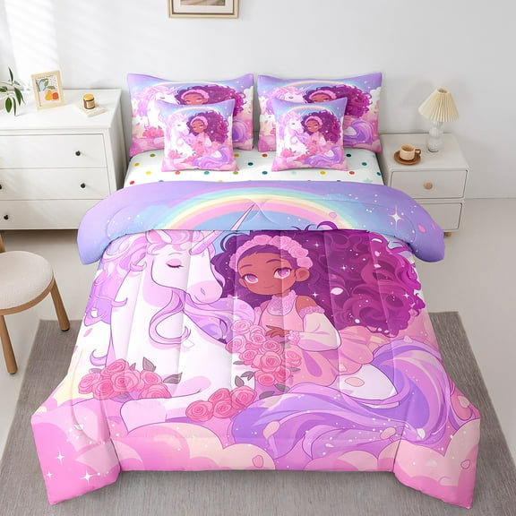 Black Bed In A Bag Twin Cute Unicorn Comforter Set 7-Piece Purple Princess Flowers Bedding Sets Teens American Black Top Sheet
