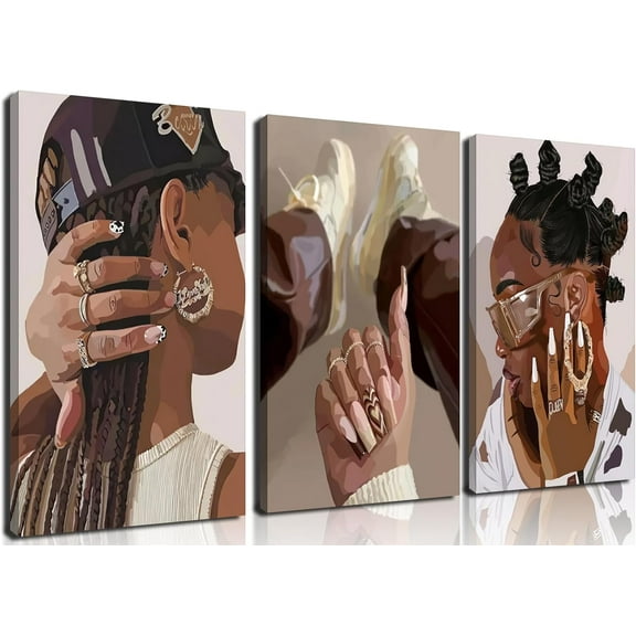 Black Girl Canvas Wall Art Set of 3, Fashion African American Woman Wall Decor Paintings, Abstract Black Women Pictures Prints for Girly Bedroom Living Room Dorm 12x16 inch d