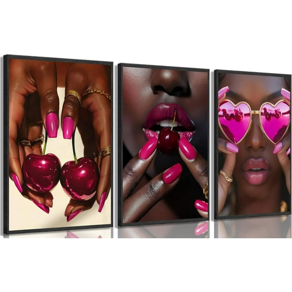 Black Girl Cherry Wall Art Poster Prints African American Black Woman Wall Decor Fashion Pink Nail Pictures Cherry Painting for Living Room Bedroom Home Decoration（Only canvas）
