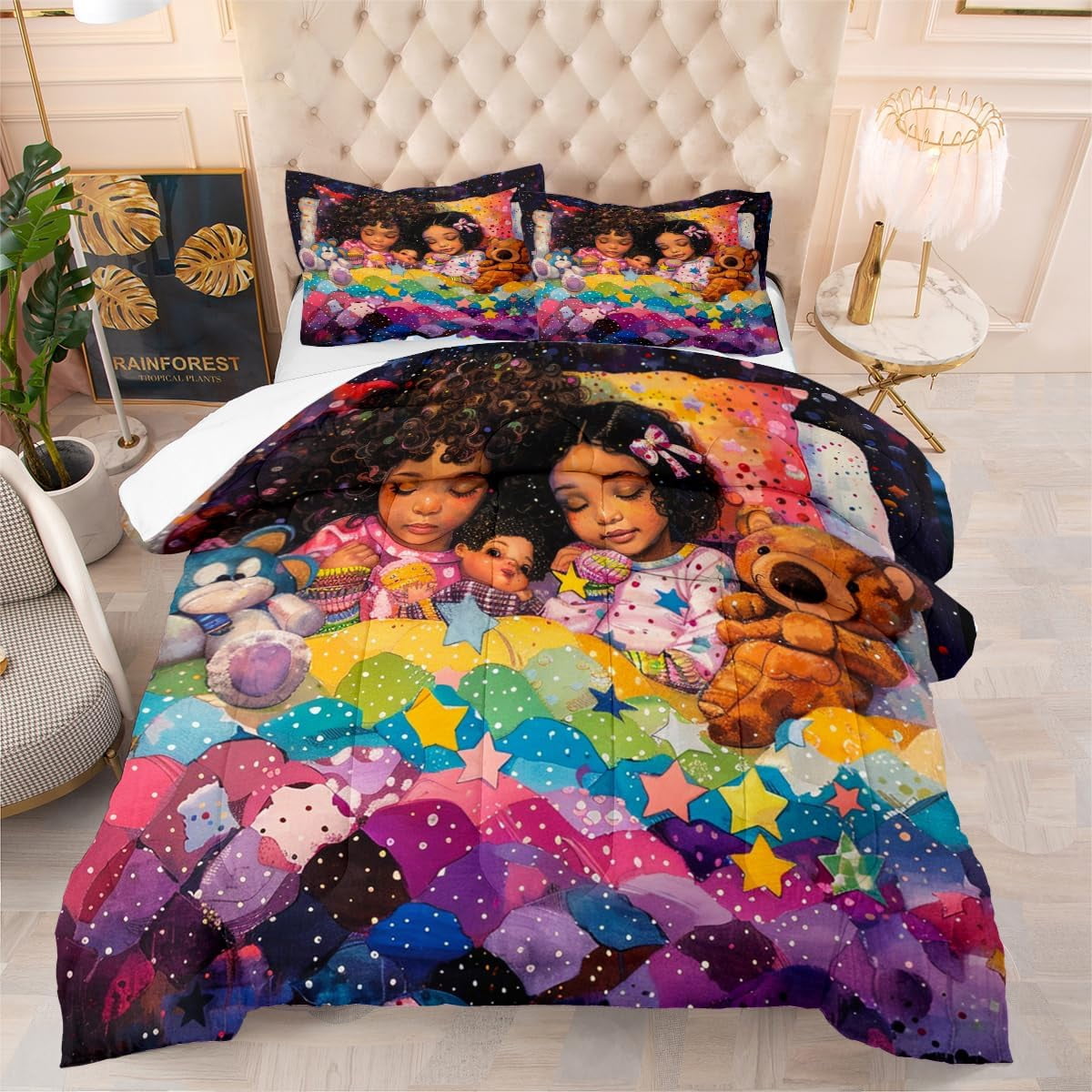 Black Girl Comforter Set Full Size Black Girls Magic Bedding Set Pink Purple African American ...