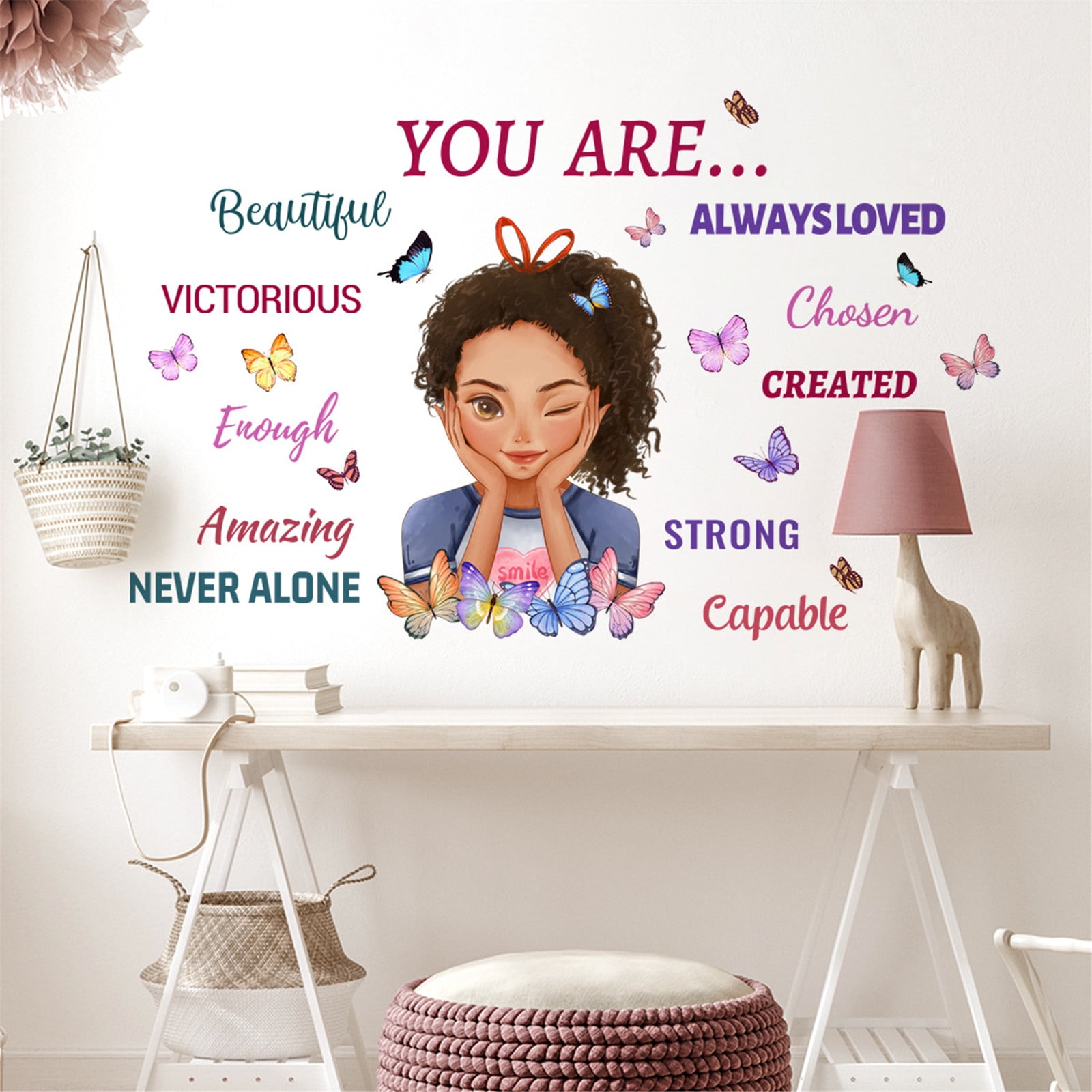 Black Girl Inspirational Quote Wall Decal Butterfly Sticker Motivational Saying, Wall Decor Sticker, for White Girls, Positive Girl Decorations, Bedroom Decorations for Teenage Girls